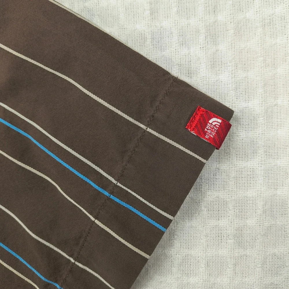 The North Face Tekware Mens XL Brown Blue Striped Short Sleeve Button Down Shirt